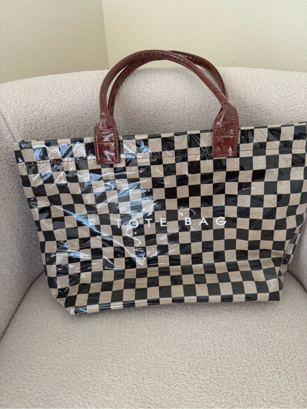 TOTE BAG Checkerboard PVC Tote with Brown Handles - Brand New, Never Used!